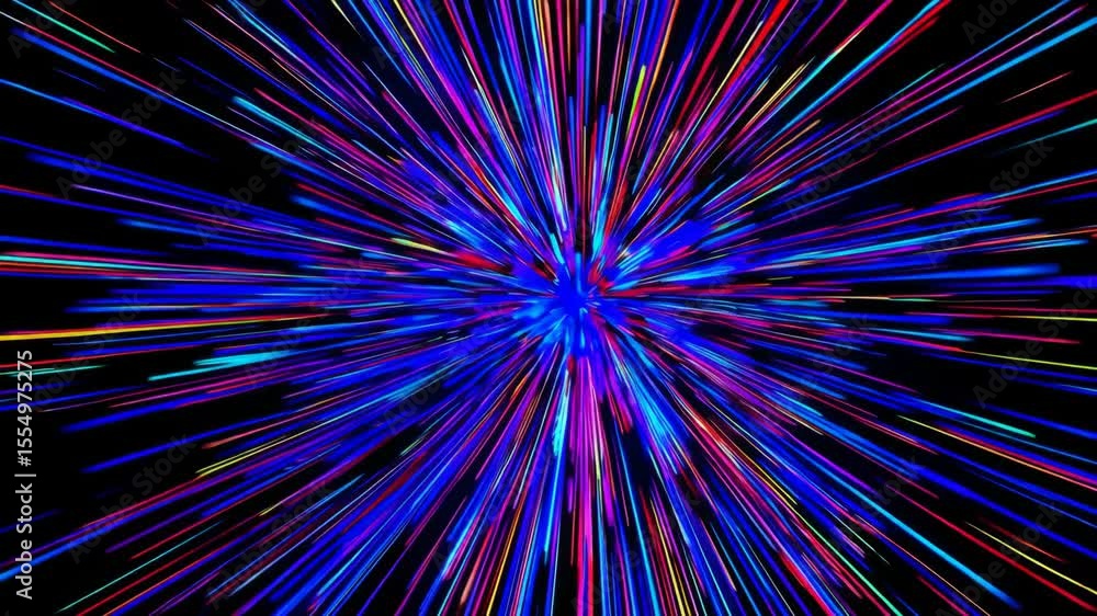 Poster a vibrant burst of colorful light streaks, representing the flash and speed of an explosion or laser