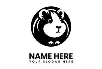 Guinea pig face in a circle, stylized black and white logo design.