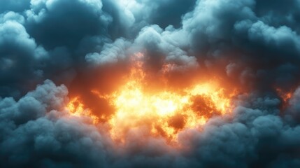 Fototapeta premium A dramatic close-up view of a fiery explosion amidst a thick cloud of smoke