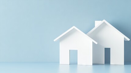 Two simple white houses on a light blue background.