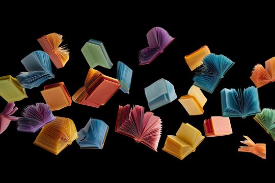 Colorful books in mid-air, various hues