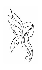 Continuous line drawing of a fairy profile with stylized wings flowing hair on background