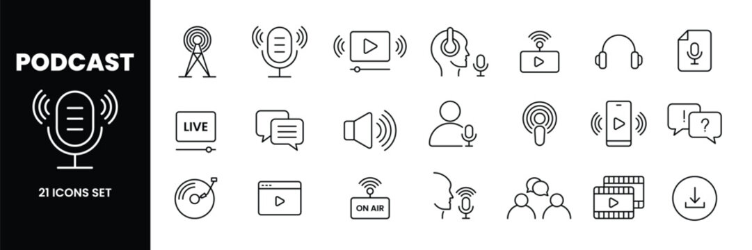 Set of podcast line icon collection. Containing microphone, radio, webcast, broadcasting, audio book symbol.