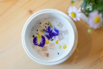 Thai Coconut Dessert with Butterfly Pea Flowers