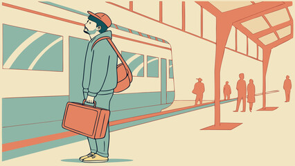 Fototapeta premium Man with suitcase and bag waiting at train station platform with other passengers and train visible