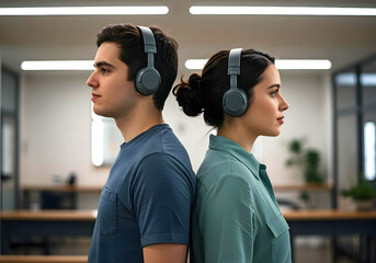 Neurodivergent autistic couple with headphones standing back to back in modern office setting showing mutual respect