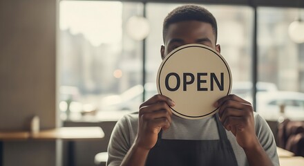 Entrepreneur proudly displays an open sign welcoming customers to his new establishment creating a positive and inviting atmosphere for everyone
