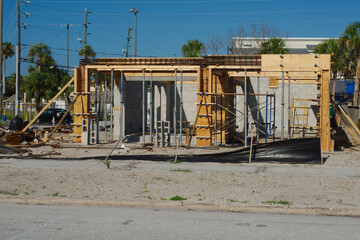 Modern Construction Framework with Wooden Beams and Steel Supports on Sunny Day in Florida....