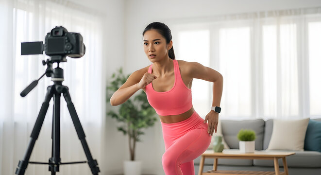 Fitness influencer doing a home workout routine with camera tripod setup, bright interior, lifestyle mood - Powered by Adobe