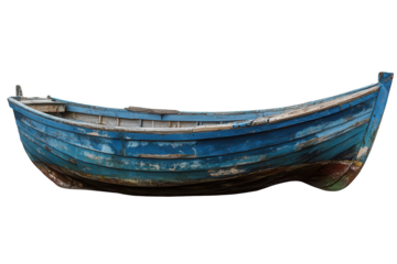 Old blue wooden fishing boat isolated on a bright background showcasing its weathered charm and history, perfect for maritime themes and vintage aesthetics