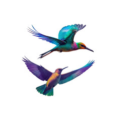 Two Vibrant Rainbow Birds in Flight Against Transparent Background