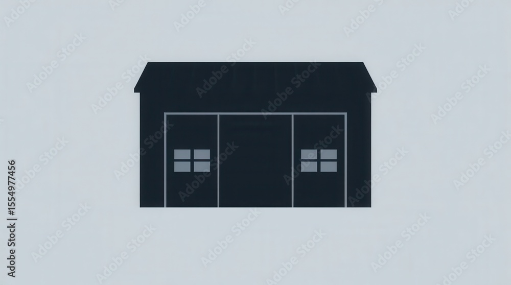 Poster simple black building with gray windows in a minimalist style against a plain background.