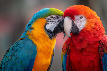 Fototapeta premium Close-up of two colorful parrots facing each other affectionately, soft-focus background