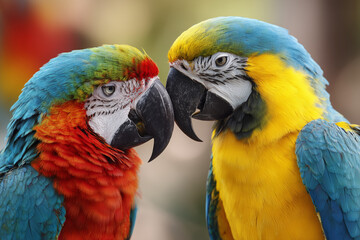 Close-up of two colorful parrots facing each other affectionately, soft-focus background