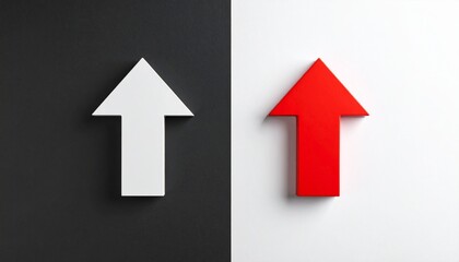 Two Up Arrows Red and White on simple black and white simple split background, isolated, graphic design, set, couple, up,  upwards, contrasting colors, vibrant, bold