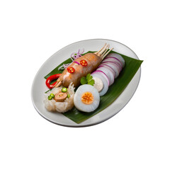 Delicious Thai Steamed Seafood with Rice Noodles and Fresh Herbs on Banana Leaf
