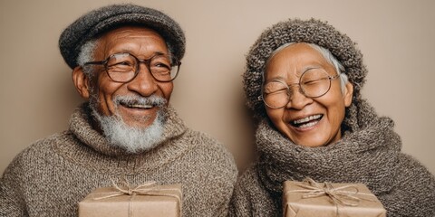 Elderly couple smiling joyfully holding gifts in warm sweaters