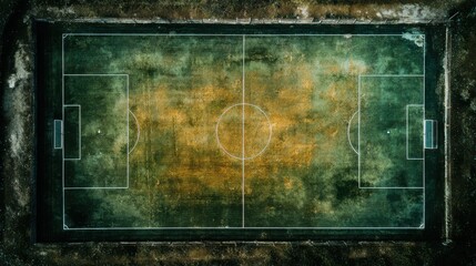 Top-down view of a soccer field with patchy grass and faded markings, showing the wear of frequent use