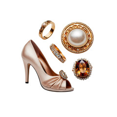 Elegant Gold Jewelry and High-Heeled Shoe Still Life