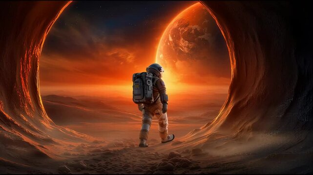 An astronaut steps into a vibrant alien landscape, bathed in warm hues of orange and red, gazing at a distant planet illuminated by a glowing sun.