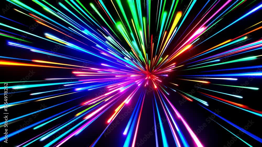 Poster a vibrant burst of colorful light streaks, representing the flash and speed of an explosion or laser