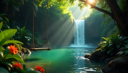 Peaceful Jungle Waterfall Scene with Wooden Swing Above Crystal Waters

Serene Waterfall Oasis in the Jungle Featuring a Rustic Swing

Tropical Paradise with Clear Water, Waterfall, and Hanging Wooden