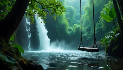 Peaceful Jungle Waterfall Scene with Wooden Swing Above Crystal Waters

Serene Waterfall Oasis in the Jungle Featuring a Rustic Swing

Tropical Paradise with Clear Water, Waterfall, and Hanging Wooden