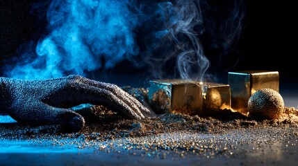 Blue powder explosion with clay and sacks for artistic photography composition inspired by craftsmanship concept layout