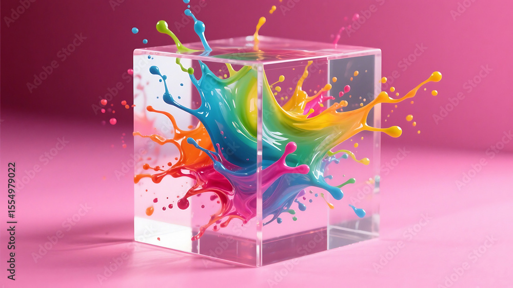 Poster vibrant rainbow paint splashing out of a clear cube on a pink background
