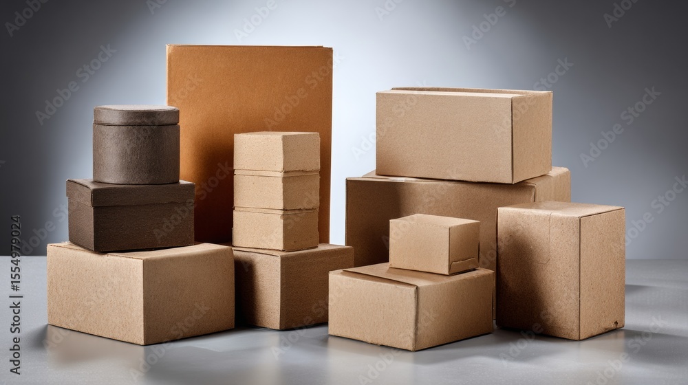 Poster stack of cardboard boxes in various sizes on grey backdrop for packaging branding mockup photography