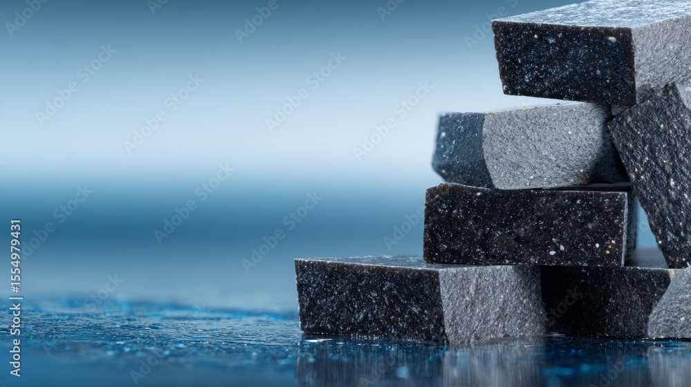 Poster stacked black stone blocks on blue gradient background for modern minimal texture and shape layout d