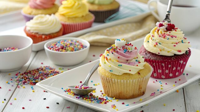 Colorful frosted cupcakes with sprinkles frosting dessert