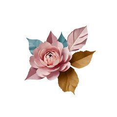 Elegant Paper Rose with Autumnal Leaves - Botanical Art Design Element