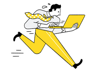 Cute character vector illustration of office worker holding and typing with computer laptop, running in a hurry. Outline, thin line art, hand drawn sketch design.