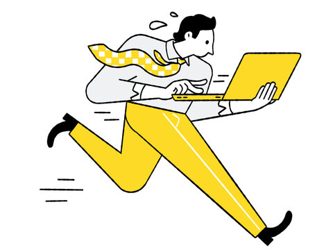 Cute character vector illustration of office worker holding and typing with computer laptop, running in a hurry. Outline, thin line art, hand drawn sketch design.