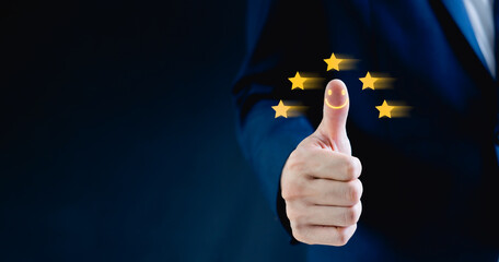 Customer Experience and Satisfaction Concept, Client is Hand Giving Thumbs Up with Smiley Face Icon and Five-Star Rating Symbolizing Positive Feedback and Service Quality.