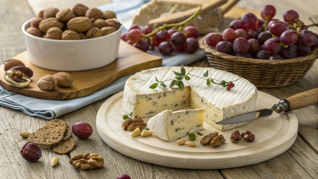 Creamy cheese grapes nuts crackers platter