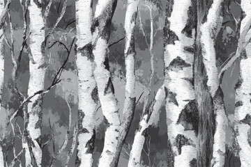 Seamless birch tree camouflage pattern in grayscale for winter hunting gear, apparel design, fabric, and nature decor. © Ehtisham
