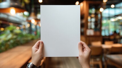 Stunning photo of person holds blank restaurant menu mock-up. Empty paper sheet ready for menu design. Cafe interior blurred background. Person potentially graphic designer.