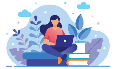 A young woman sits cross legged on a stack of books typing on her laptop amidst abstract shapes and plants symbolizing education and remote work