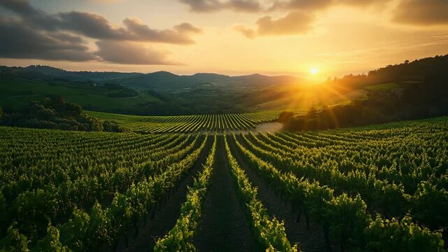 Stunning vineyard sunset over rolling hills captured in golden hour light. Albari&ntilde;o Day