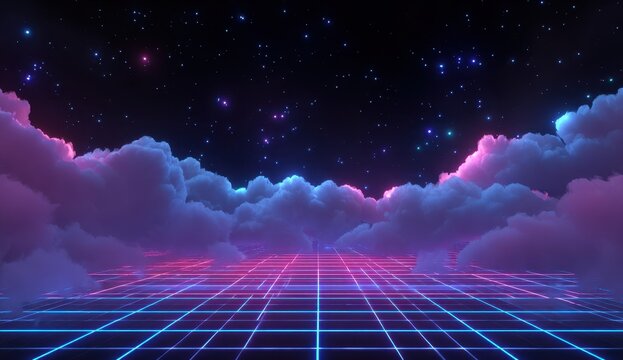 Retro grid landscape, clouds, starry night, 80s synthwave