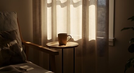Cozy minimalist corner with warm sunlight, ceramic cup, and linen curtain symbolizing peaceful slow living at home