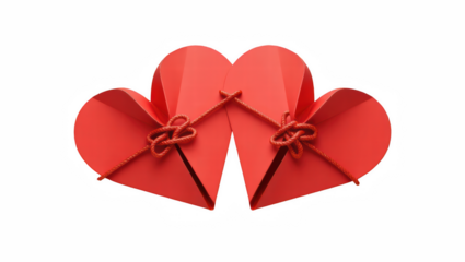 Two red paper hearts tied together in a romantic gesture  
