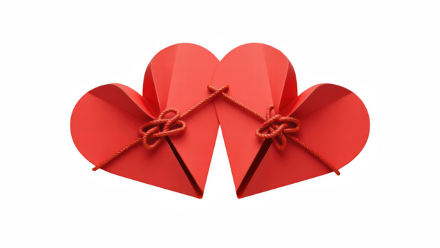 Two red paper hearts tied together in a romantic gesture  