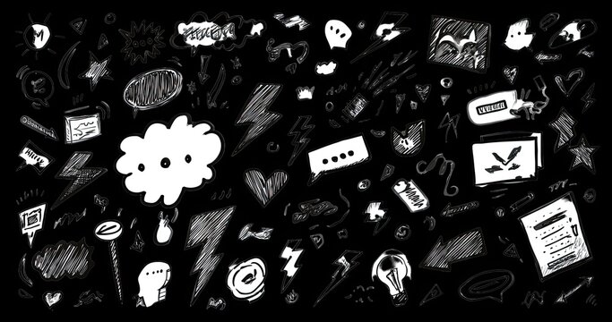 Black background with many white doodle shapes