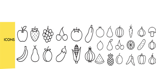 Naklejka premium Fruits and Vegetable Vector Icon Set – Apple, Banana, Orange, Watermelon, Tomato, Cucumber & More