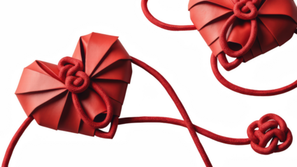 Red origami hearts tied with strings in minimalist design  