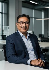 smiling professional man in business suit sitting in modern office. corporate environment with natural lighting. business profile, executive portrait, corporate presentation.
