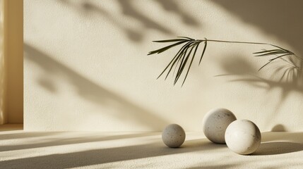 Modern minimal composition with palm leaf and stones in sunlight shadows for abstract interior photography styling